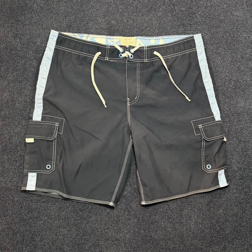 Y2K Old Navy Swim Shorts Mens Large Gray Colorblock Cargo Board Trunks Lined